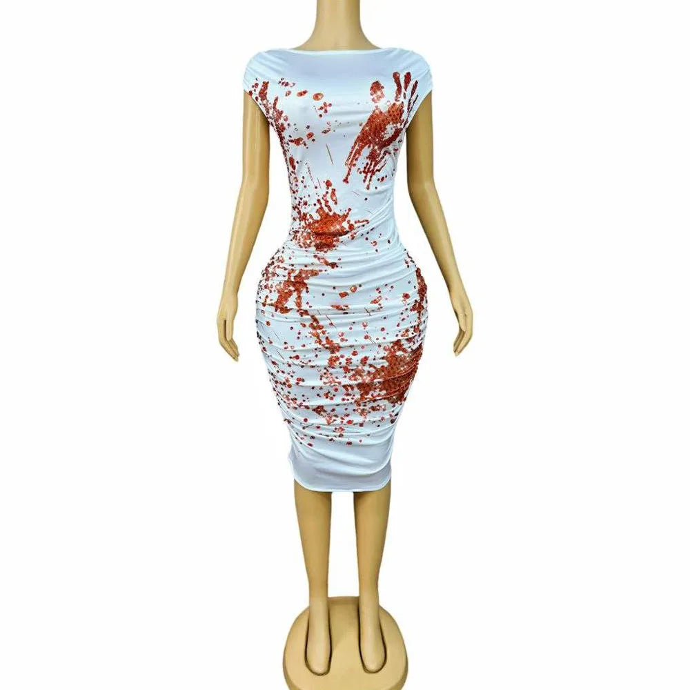 Women's Horror Bloodstain Rhinestone Dress | Sparkly Pleated Halloween Costume for Party & Stage