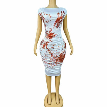Women's Horror Bloodstain Rhinestone Dress | Sparkly Pleated Halloween Costume for Party & Stage