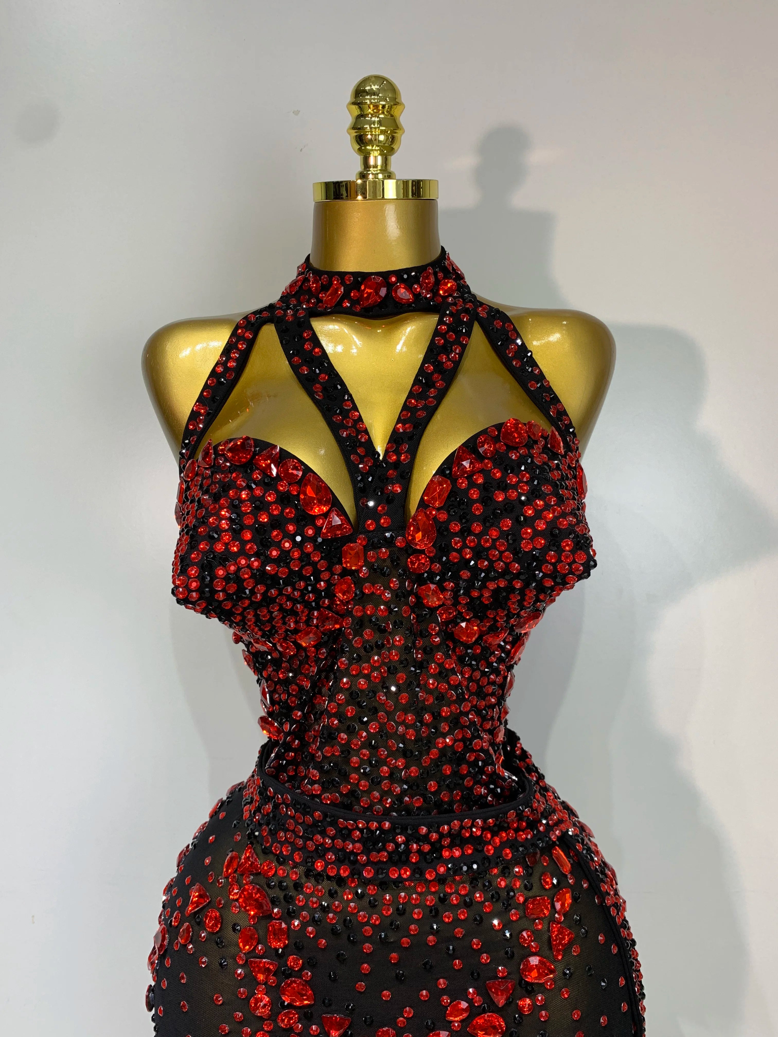 Crimson Diamond Rhinestone Catsuit Sheer Mesh Backless Jumpsuit Stage Costume