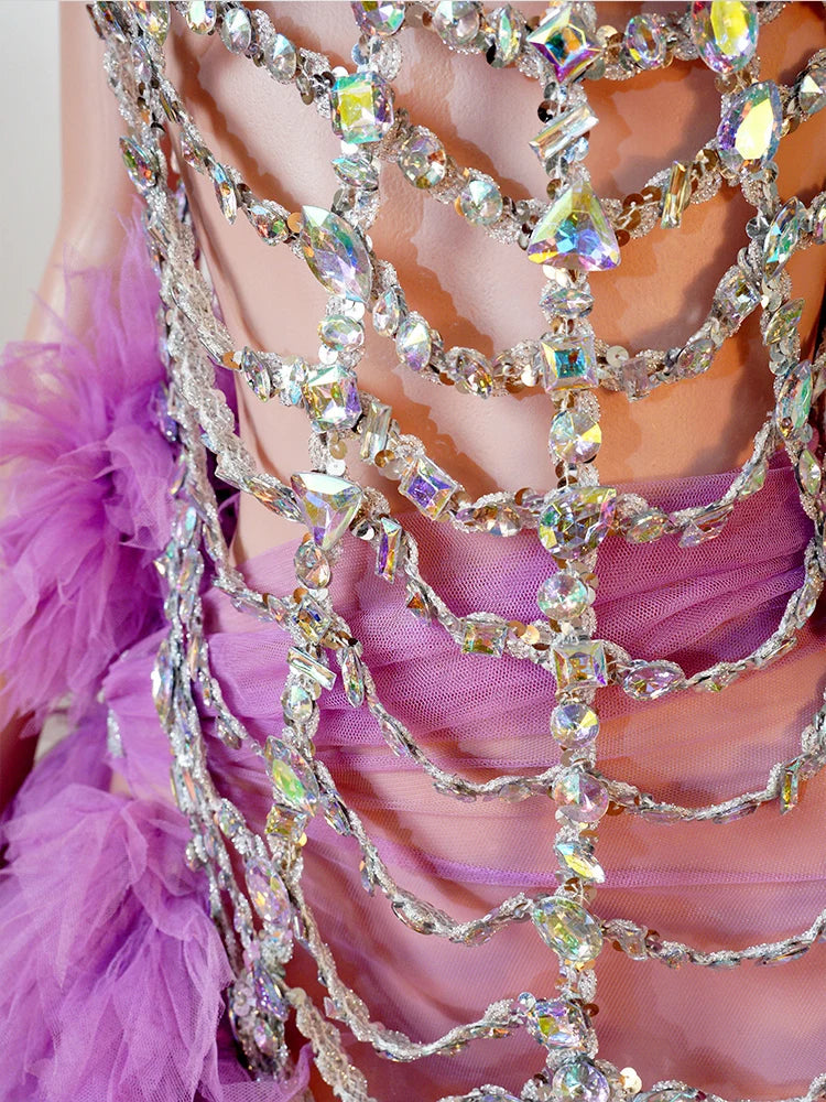 Purple Spiderweb Rhinestone Halter Bodysuit & Trailing Ruffle Tulle Skirt 2-Piece Stage Costume Set