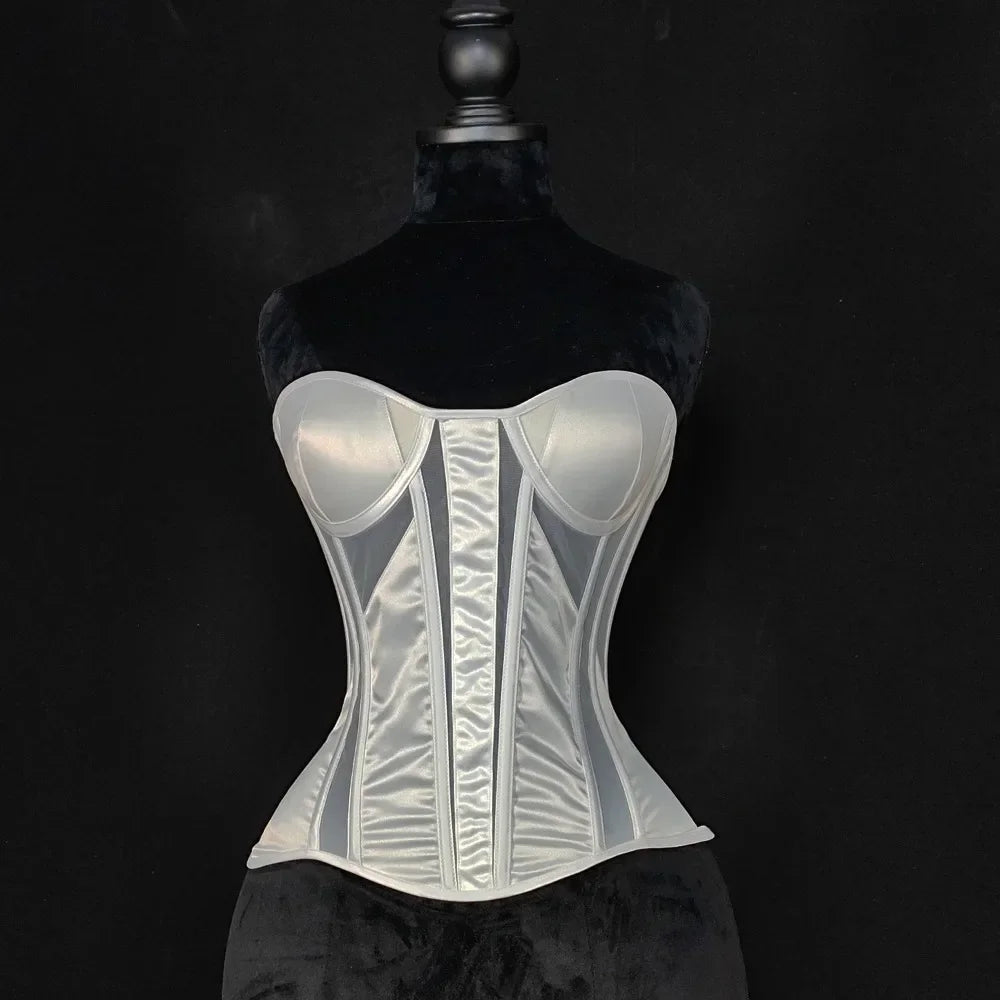 Strapless Breathable Mesh Corset Bustier Built-In Bra Boned Waist Cincher Top