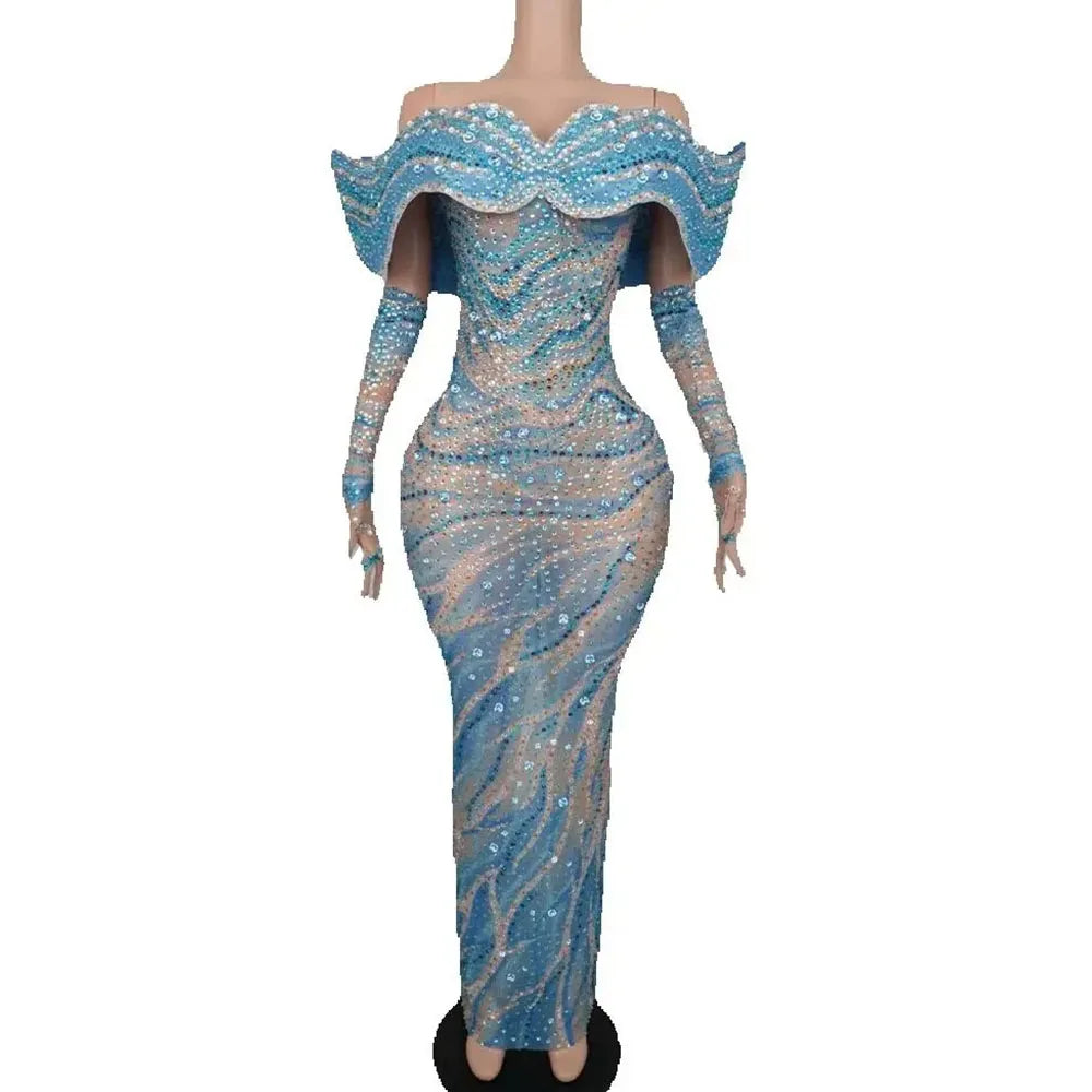 Women's Blue Rhinestone Maxi Gown with Gloves | Luxury Evening Dress for Party & Photoshoot