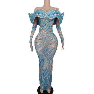 Women's Blue Rhinestone Maxi Gown with Gloves | Luxury Evening Dress for Party & Photoshoot