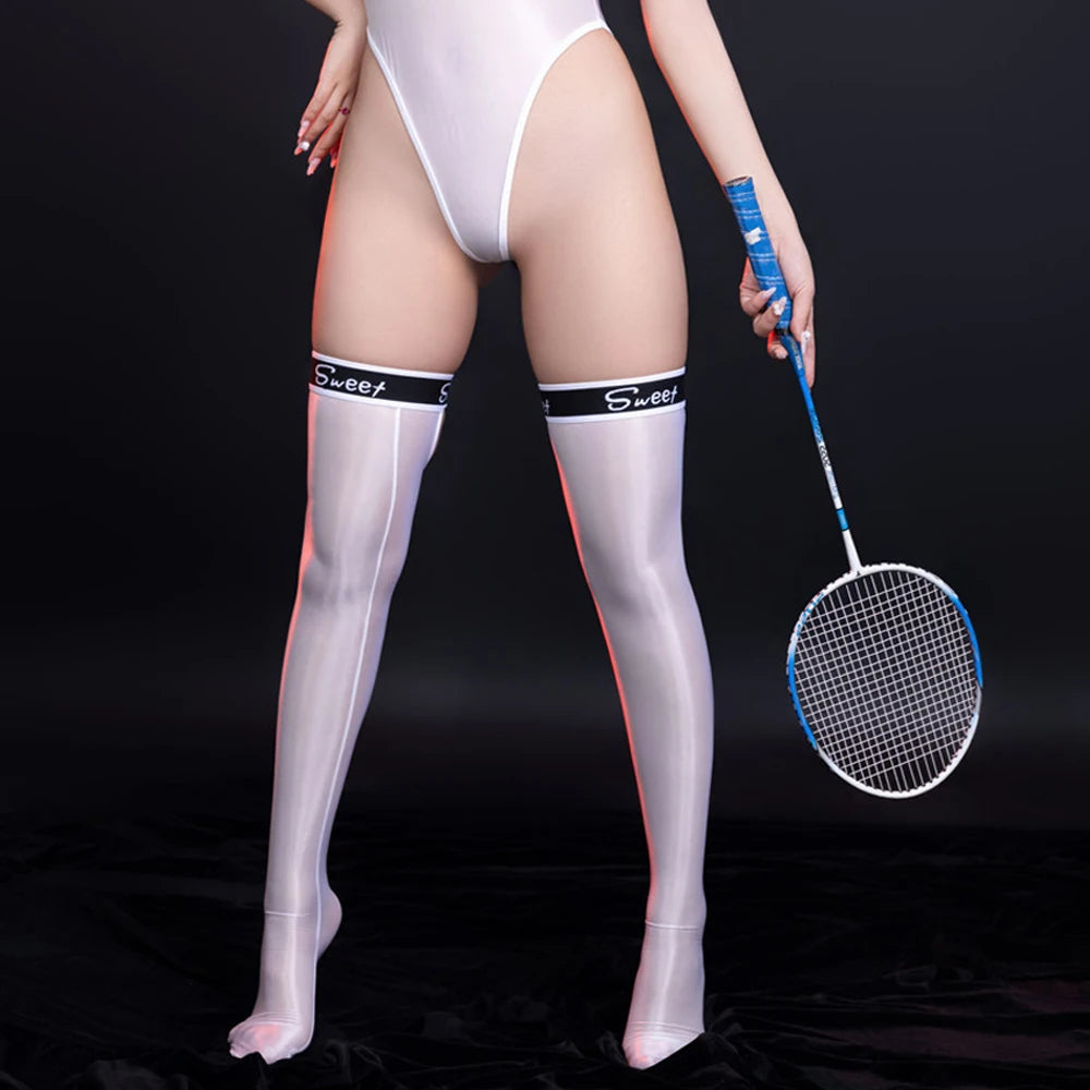 Sexy Women Stain Smooth High Stocking Oil Glossy Shiny Vintage Tight Letter Printing Shaping Overknee Maid Stocking Hollow Out