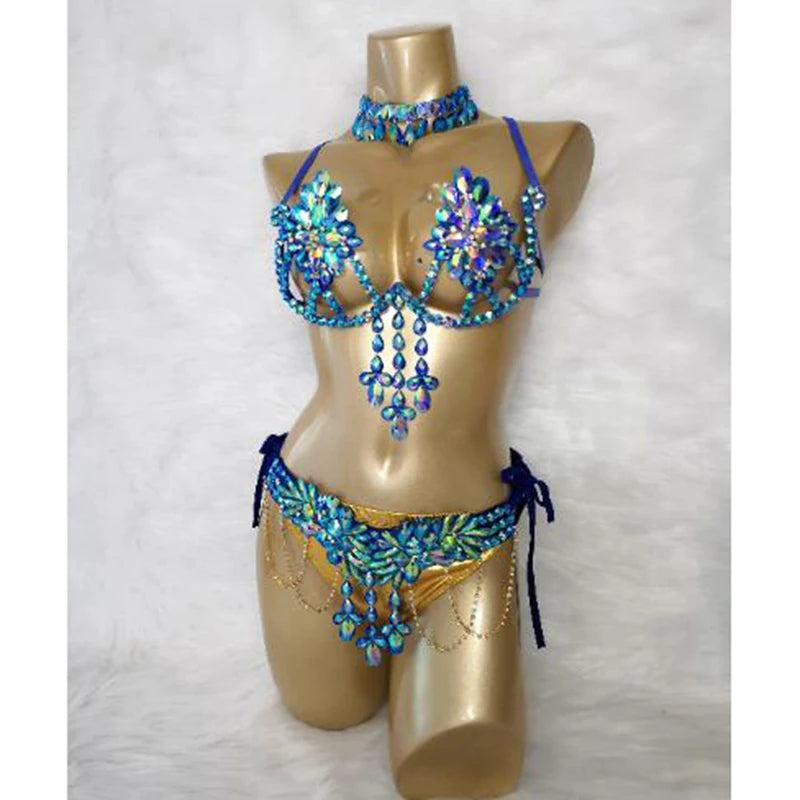 Royal Blue Samba Carnival Wire Bra & Belt 4-Piece Costume Set