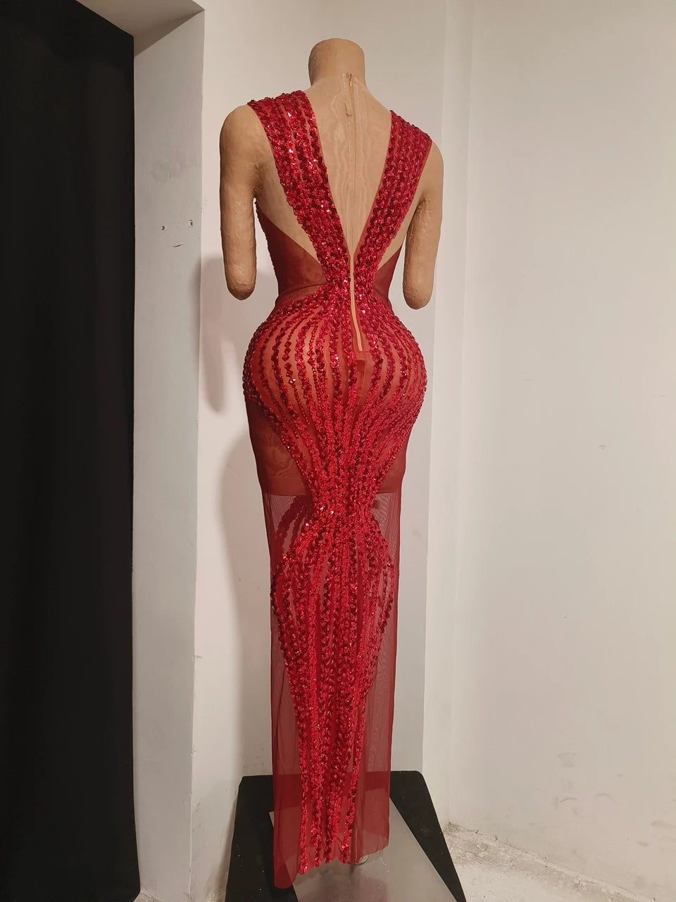 Sparkly Red Rhinestone & Sequin Sleeveless Sheer Mini/Long Dress Stage Costume