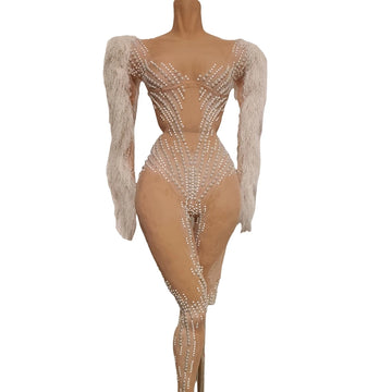 Sparkly Pearl Rhinestone Tassel Sleeve Mesh Jumpsuit Showgirl Stage Catsuit