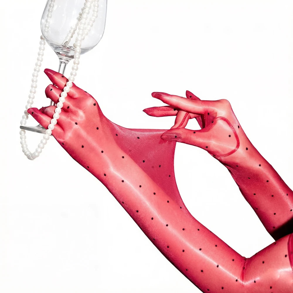 Sexy Women 1D Dot Ultra Thin Five Finger Long Glove Oil Shiny Glossy Sun Protection Glove Elastic Party Wedding Luxury Glove