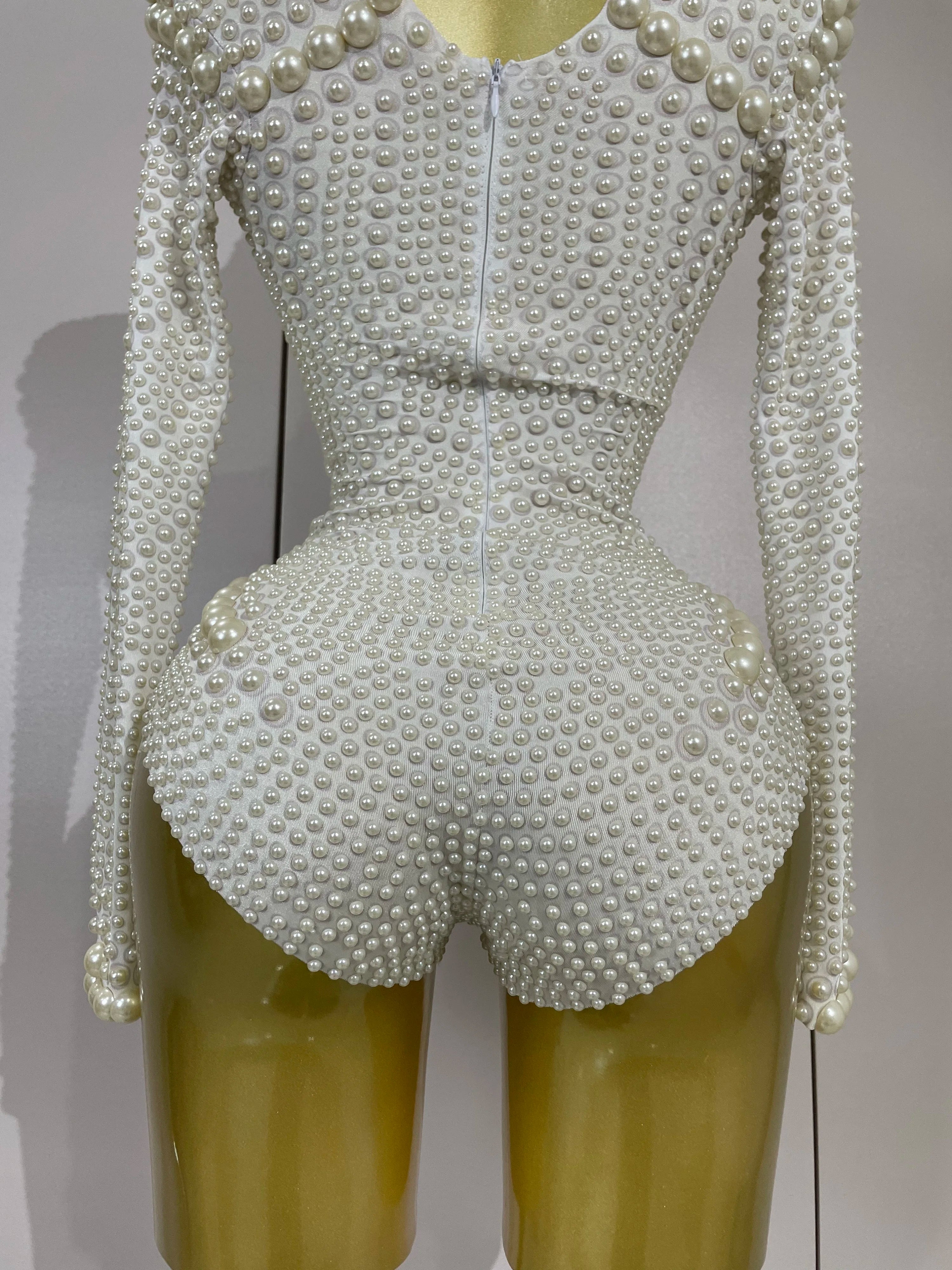 Luxury Full Pearl Long-Sleeved Stage Bodysuit Leotard Evening Performance Costume