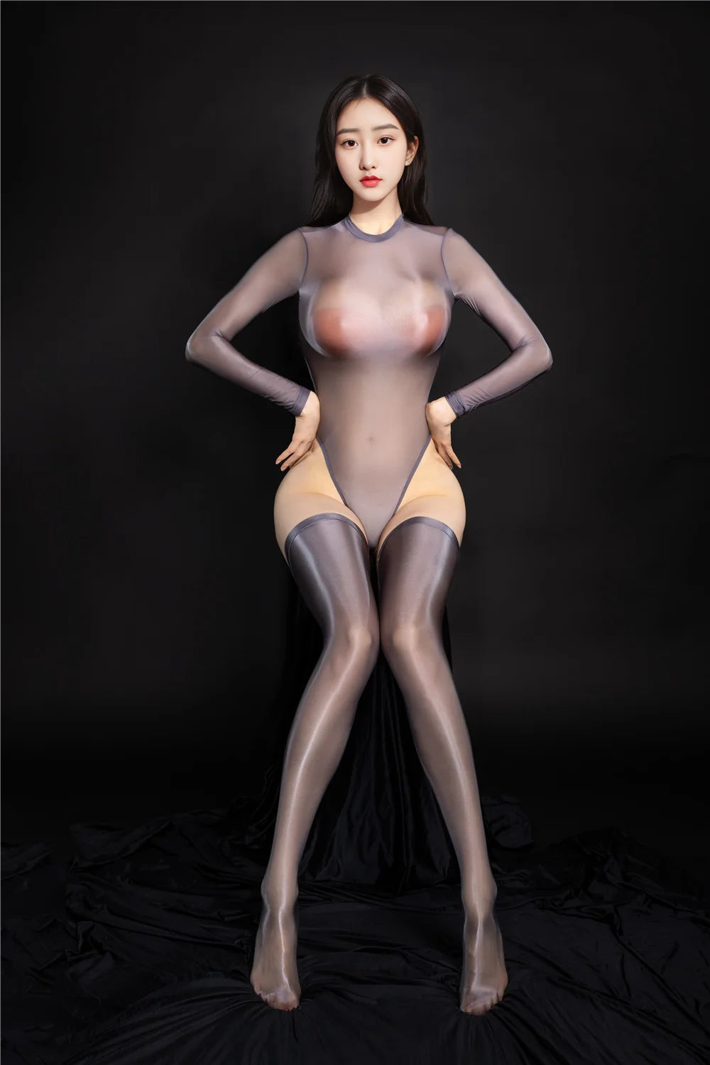 Oil Glossy High-Cut Open Crotch Shaping Bodysuit & Matching Stockings Set