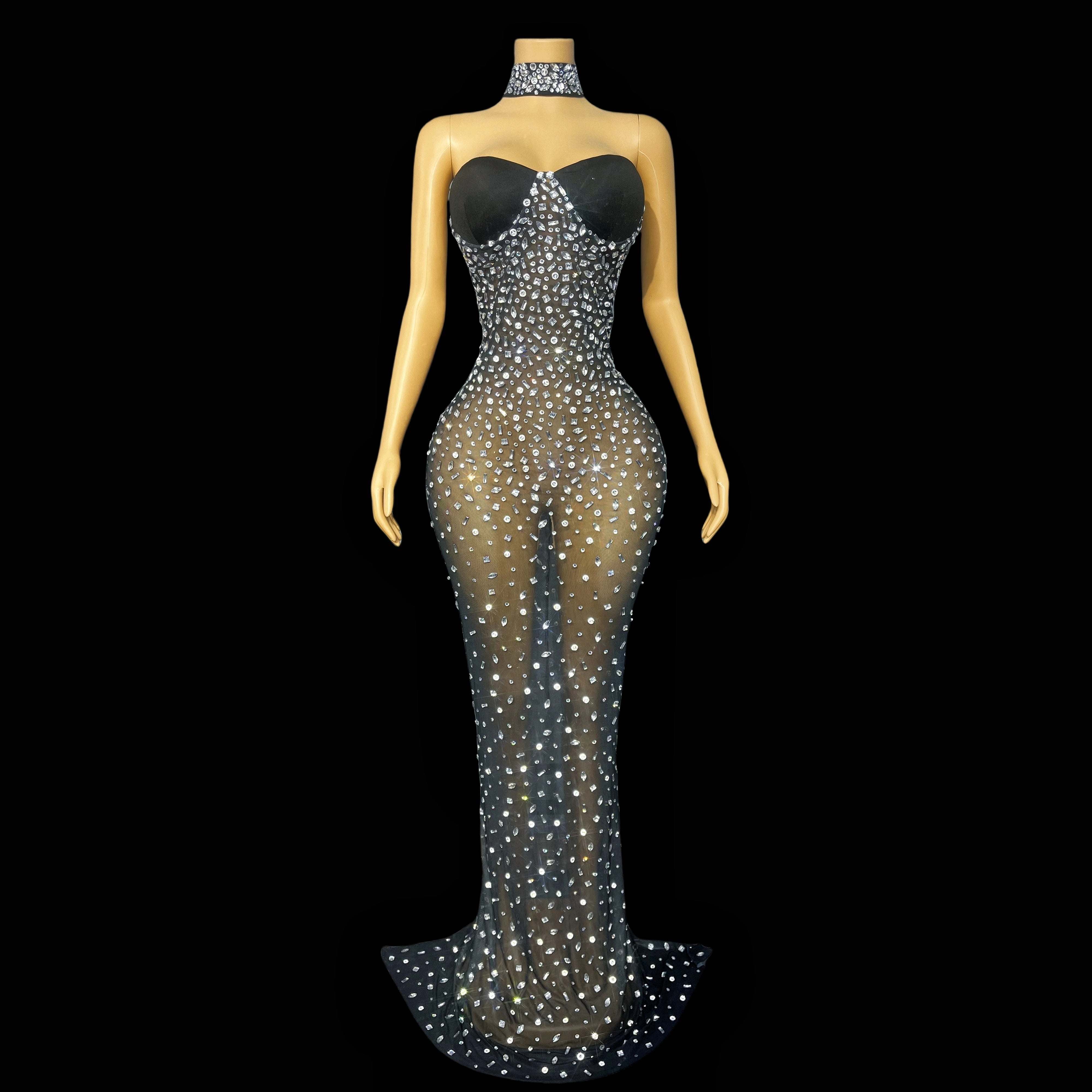 Silver Rhinestone Sheer Mesh Tube Evening Gown Stage Ball Dress