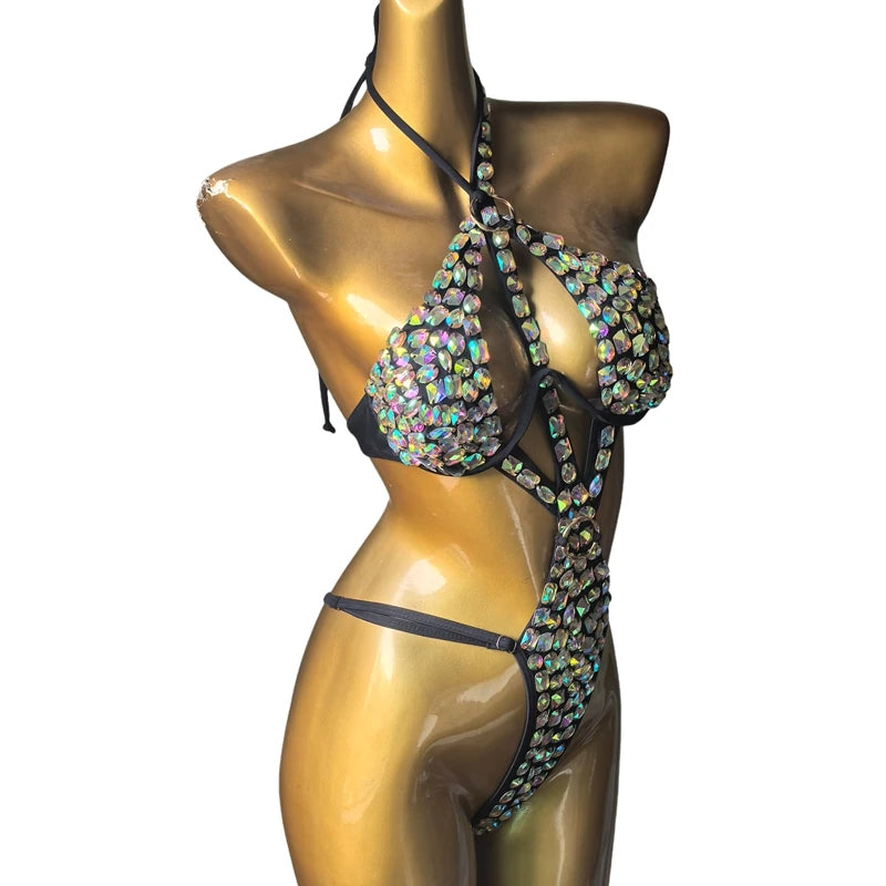 Cut-Out Rhinestone Bandage Performance Set – Shimmering Crystal Push-Up Costume & Open-Front Leotard Accent for Raves & GoGo Dancers