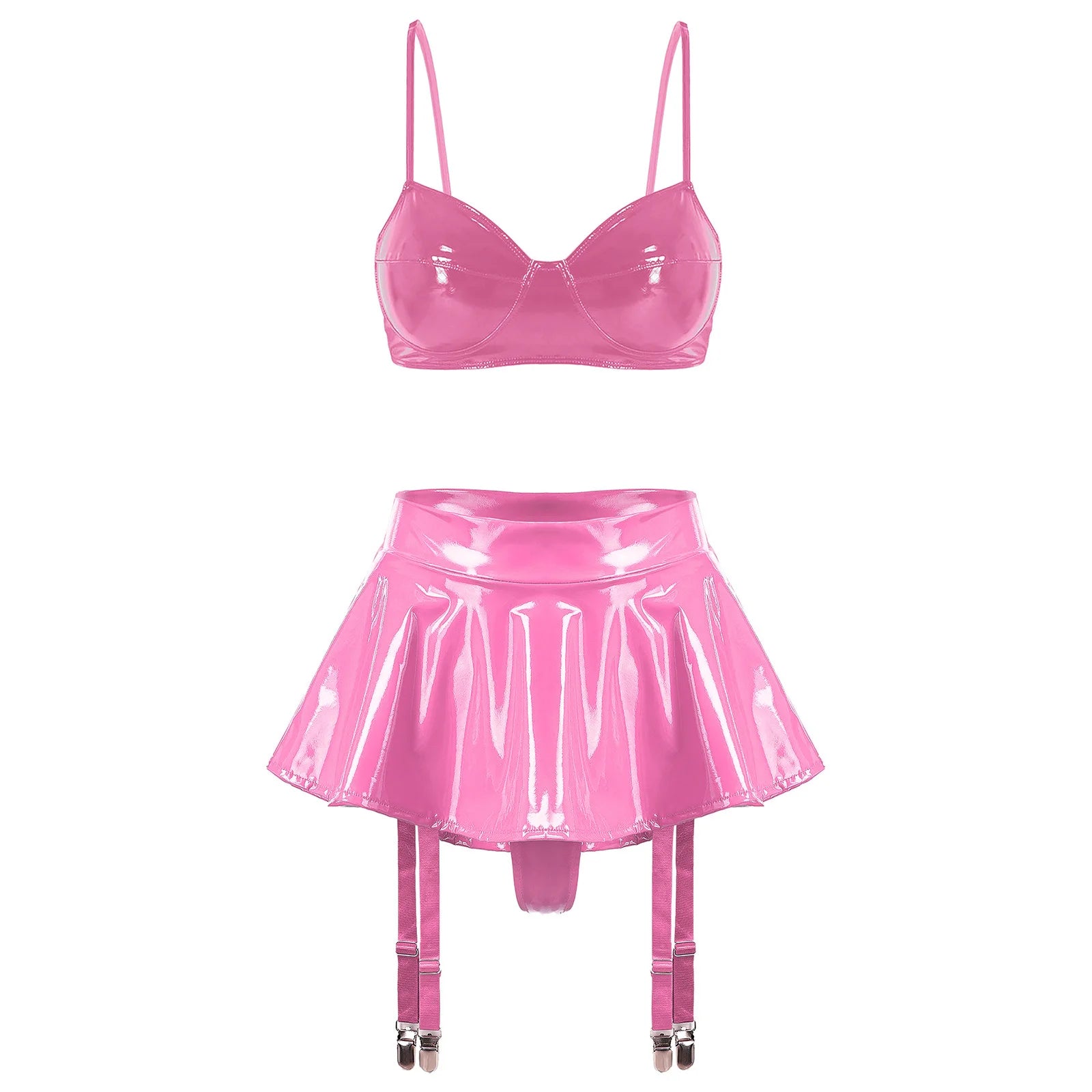 Wet Look PU Leather Bra Top & Ruffled Miniskirt Set with Garter Clips