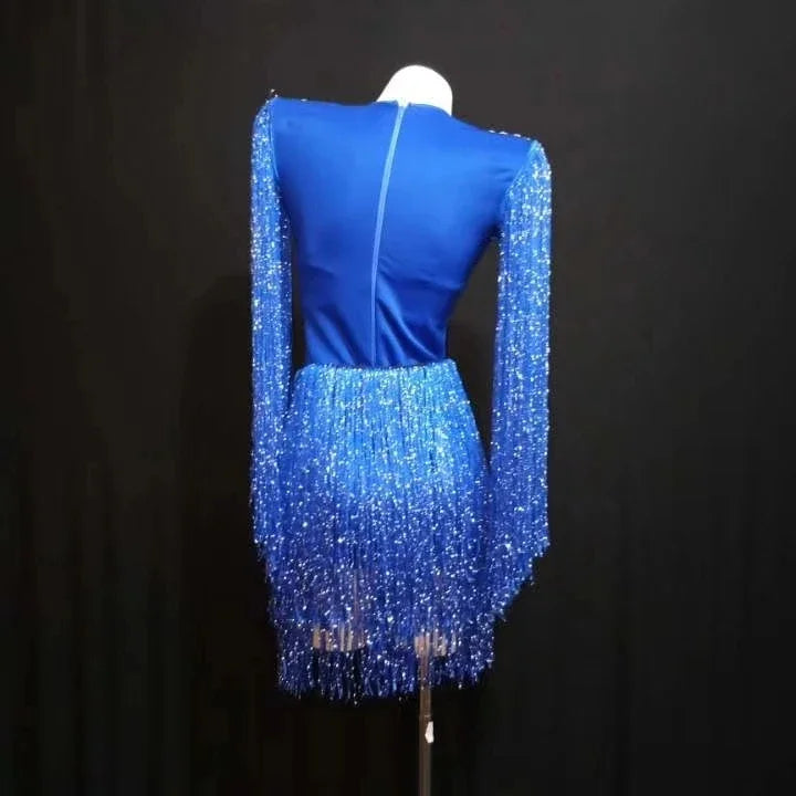 Sparkly Crystal Rhinestone & Tassel Fringe Bodysuit Costume Set with Bra & Belt