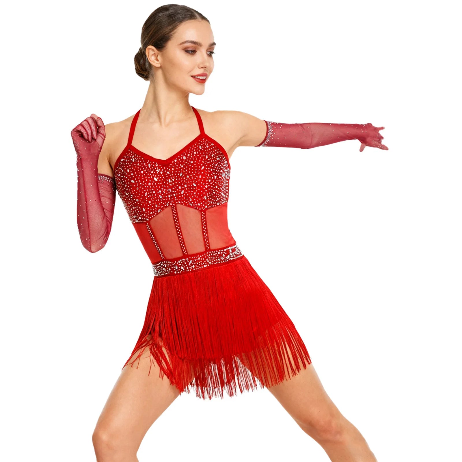 Rhinestone Latin Dance Dress, Mesh Tiered Tassel Bodysuit & Long Gloves Set