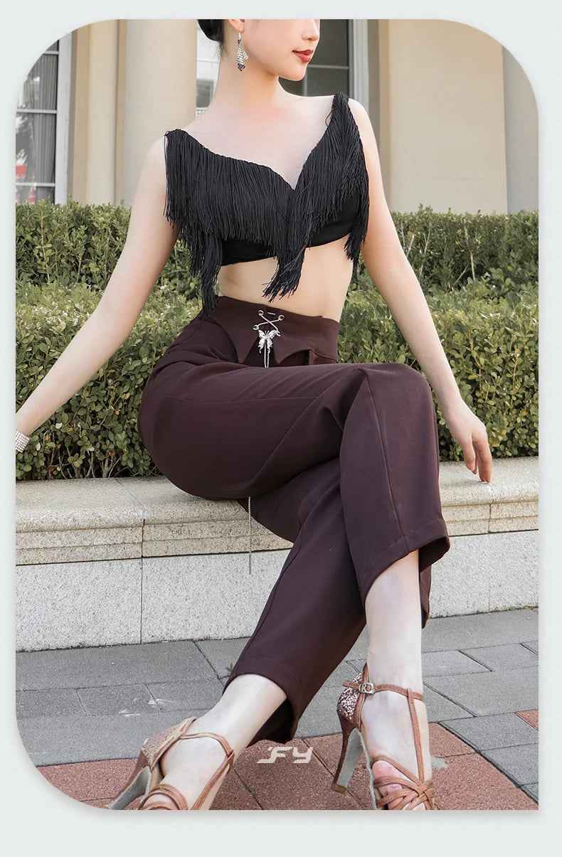 Black Latin Dance Fringe Camisole Top & High-Motion Practice Pants Set