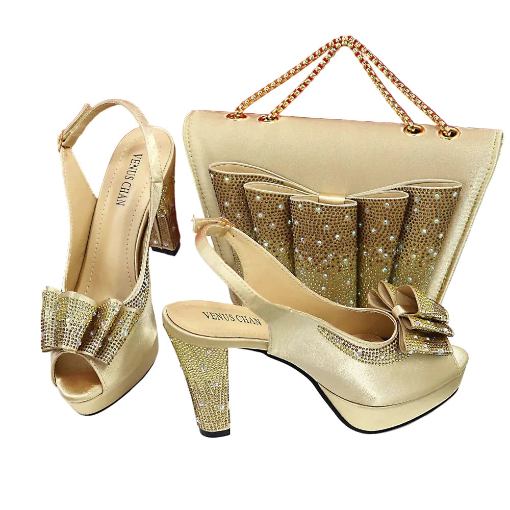 Hot Peep Toe Square Heel Ladies Shoes Matching Bag Set