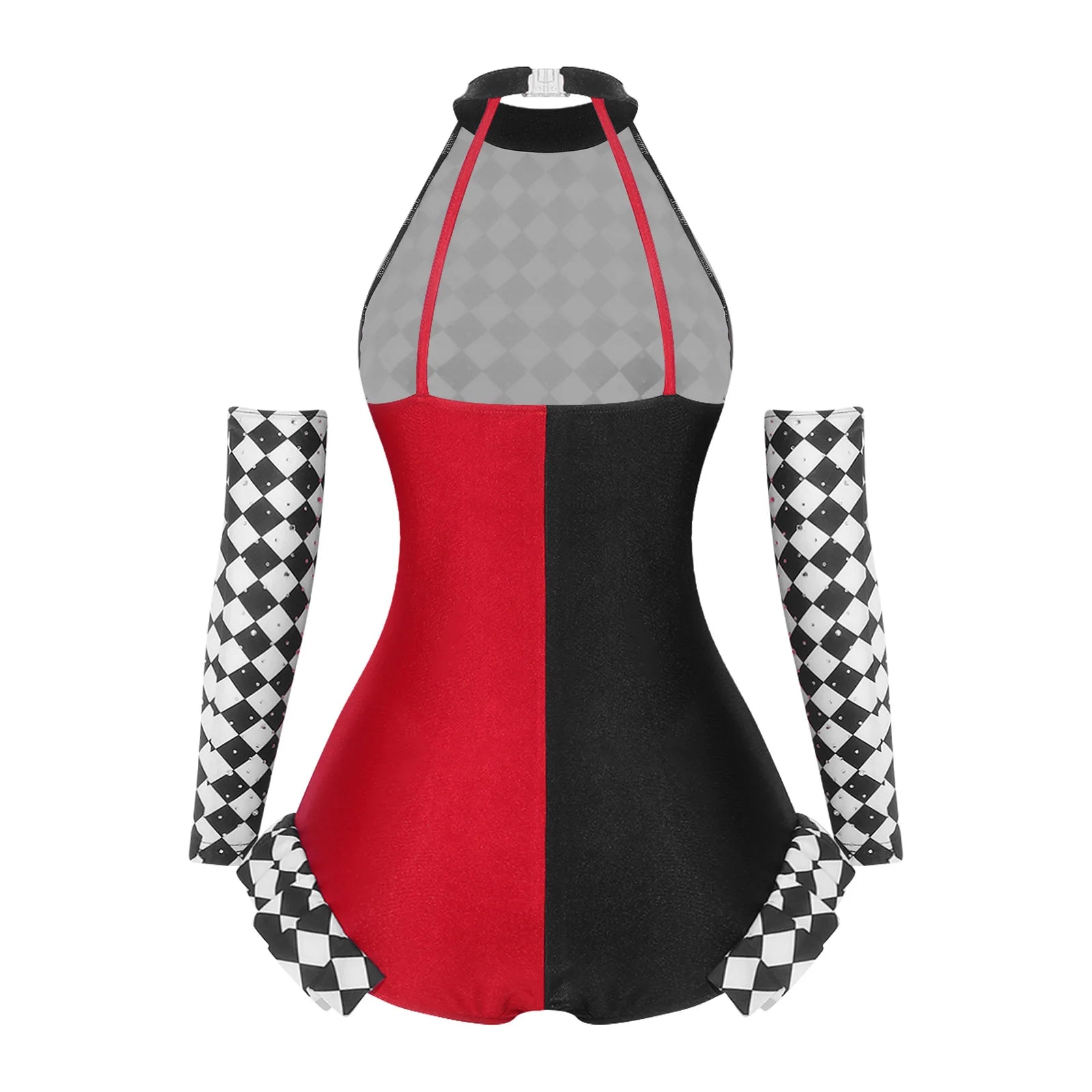 Circus Harlequin Clown Plaid Halter Bodysuit & Arm Sleeves 2-Piece Cosplay Costume Set