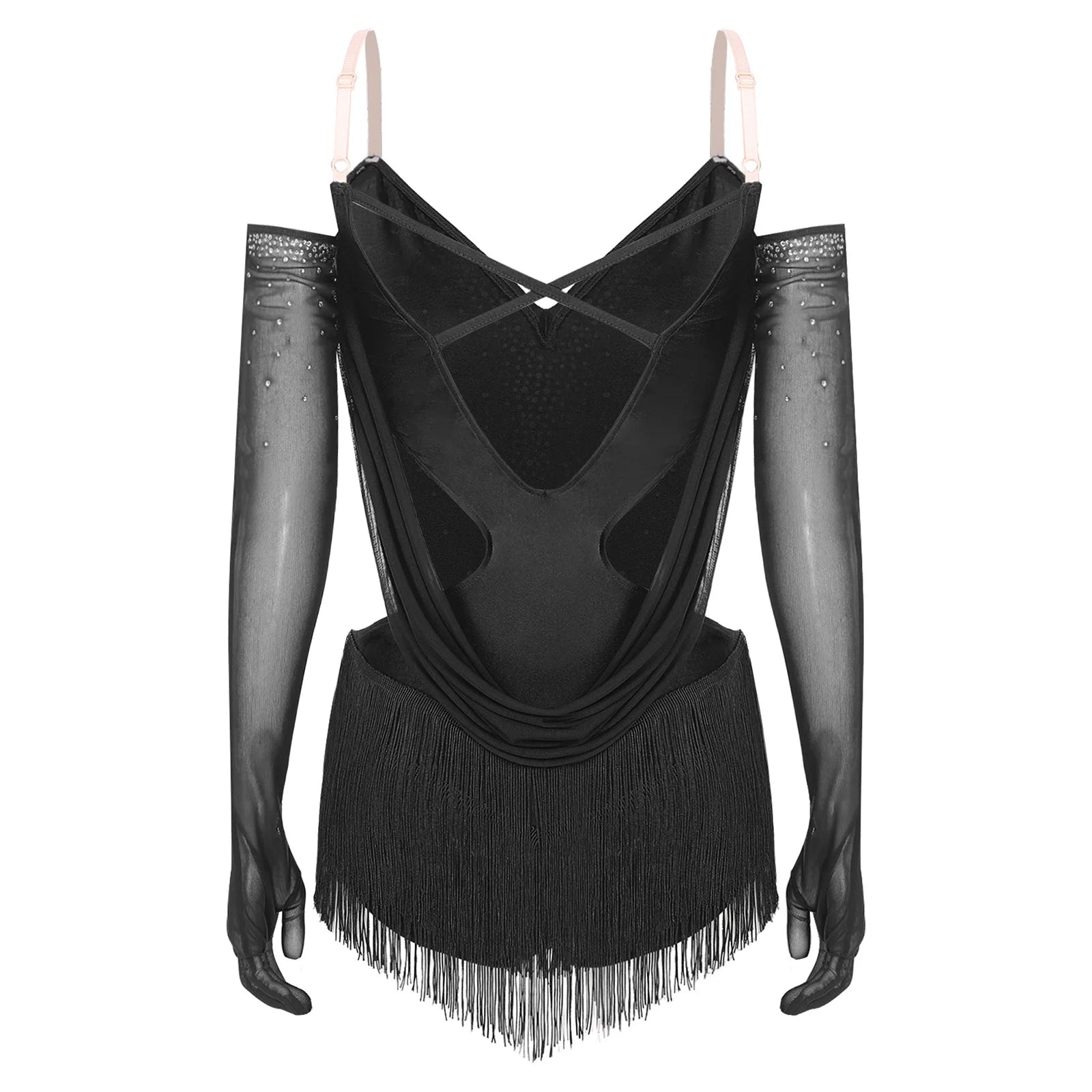 Sparkly Rhinestone & Tassel Fringe Dance Leotard with Gloves Two-Piece Stage Costume
