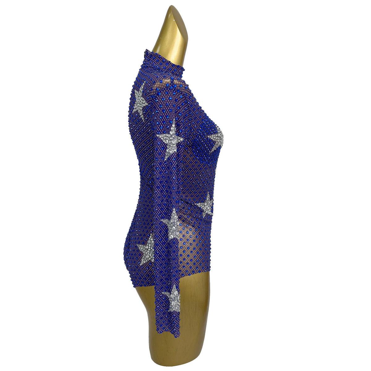 Women Blue Silver Star Pattern Rhinestone Mesh Long Sleeve Bodysuit Stage Performance Costume