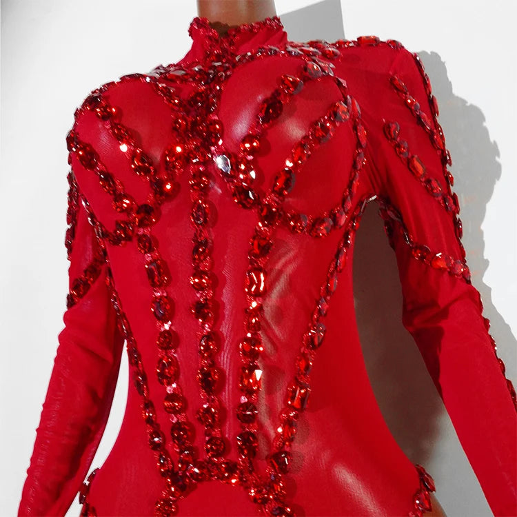 Rhinestone Mesh Jumpsuit Costume Set