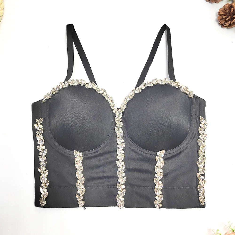 Crystal Chain Strap Bustier Corset Crop Top Hook-and-Eye Stage Bralette