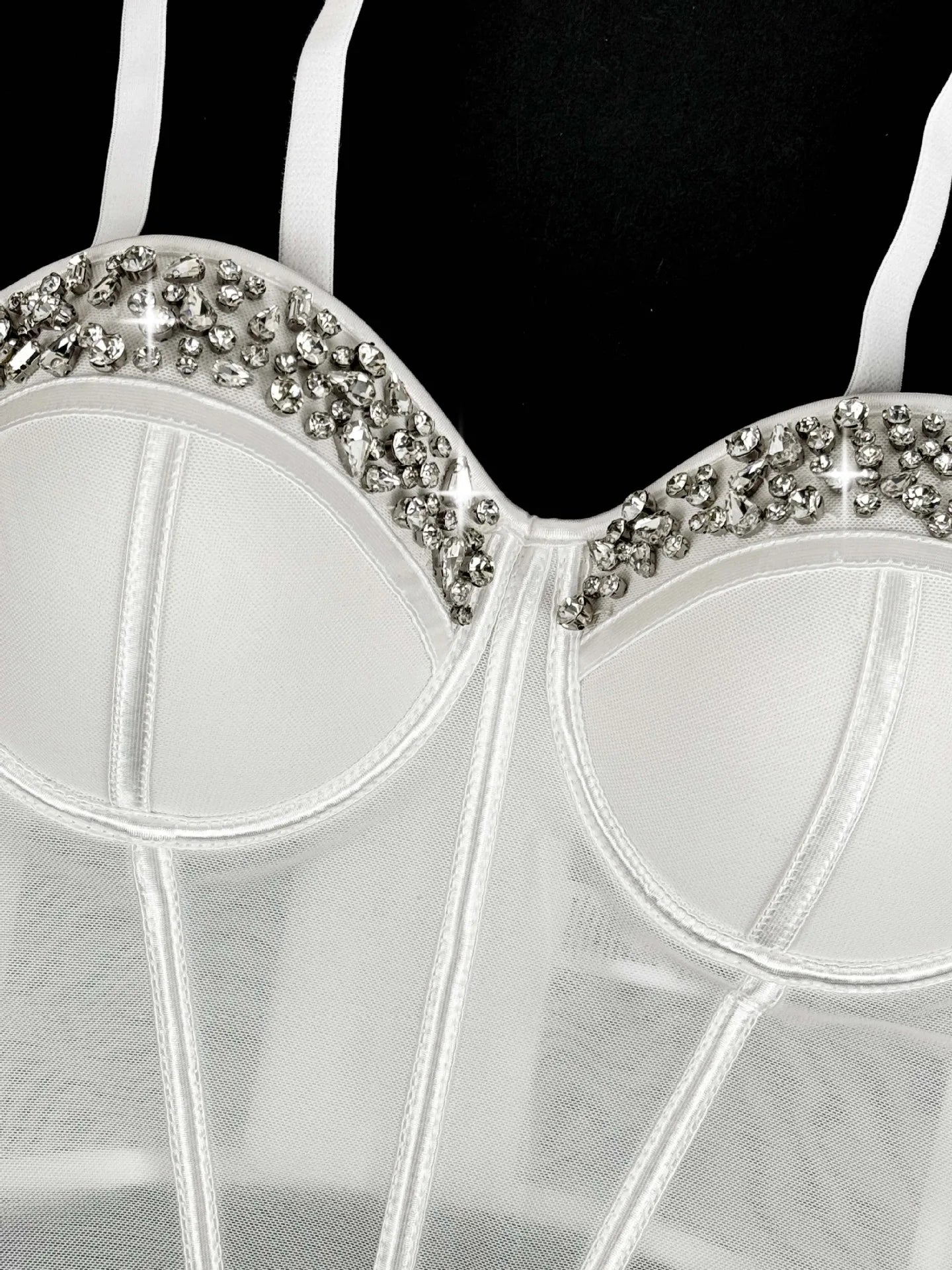 Diamond Embroidered Bustier Corset Crop Top Asymmetric Stage Bralette