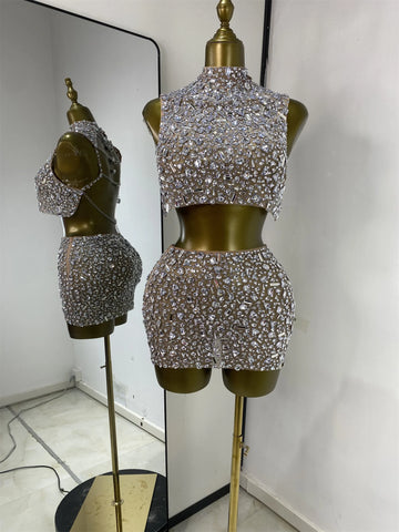 Vintage-Inspired Sparkly Rhinestones Two-Piece Backless Top And Mini Skirt Set