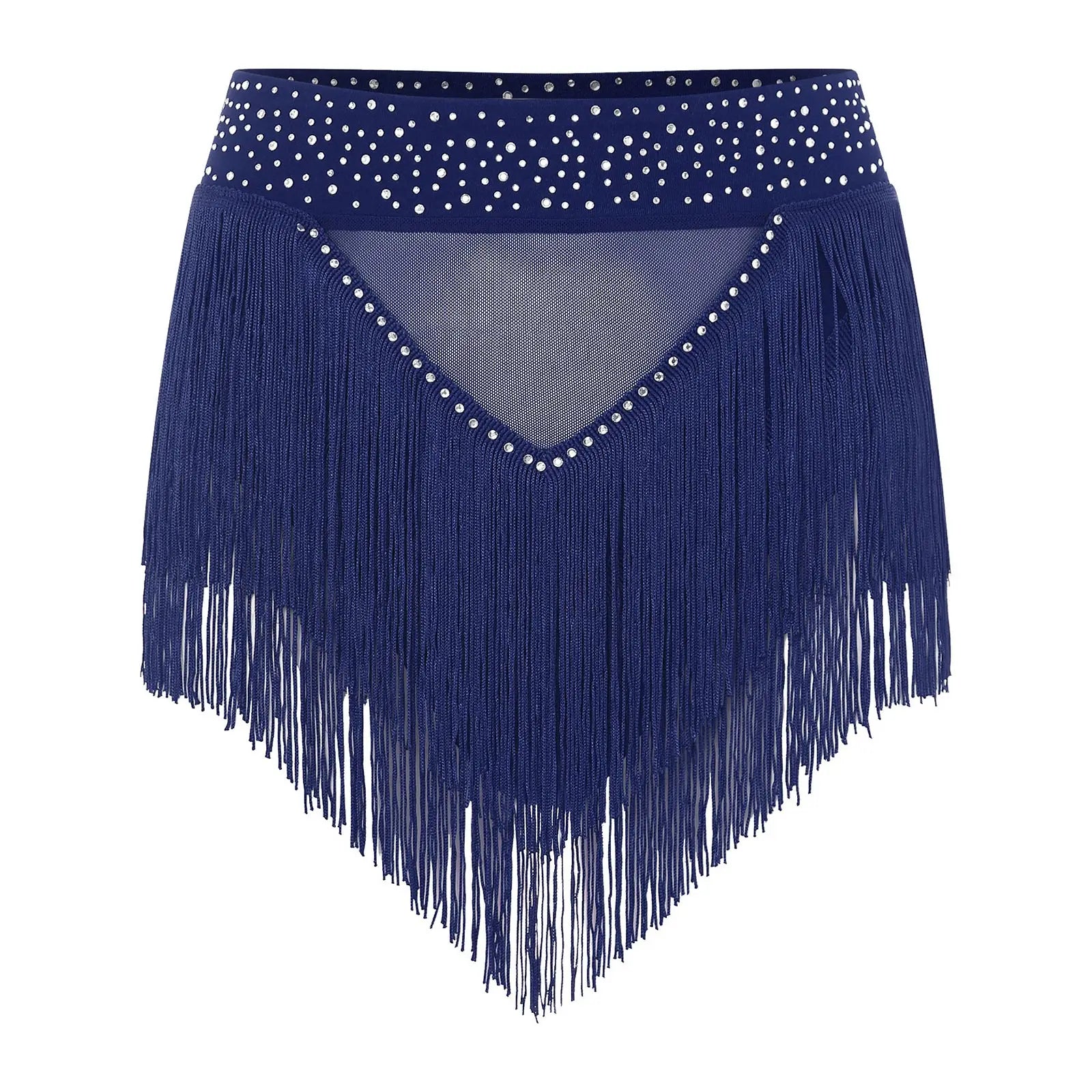 Rhinestone Tassel High-Waist Dance Shorts & Sheer Mesh Fringe Skirt