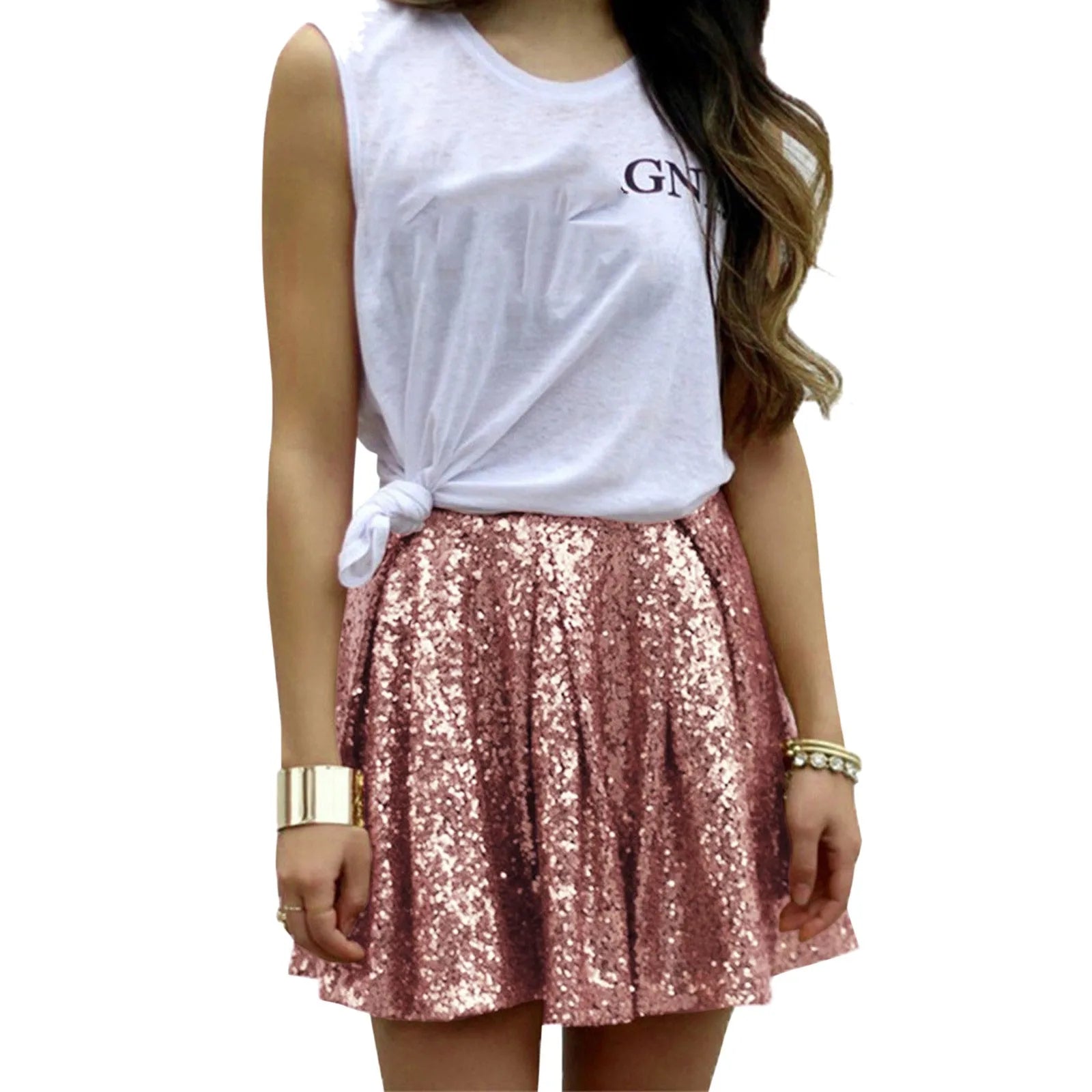 Sequin High Waist Pleated A-Line Skirt