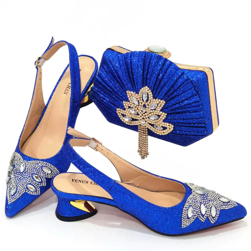 Women's Silver Mid Heels Frosted Crystal Shoes And Bag Set