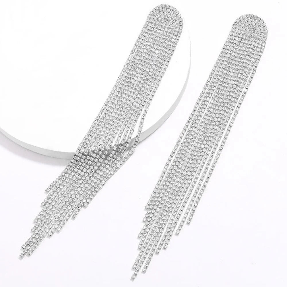 Long Rhinestone Tassel Drop Earrings