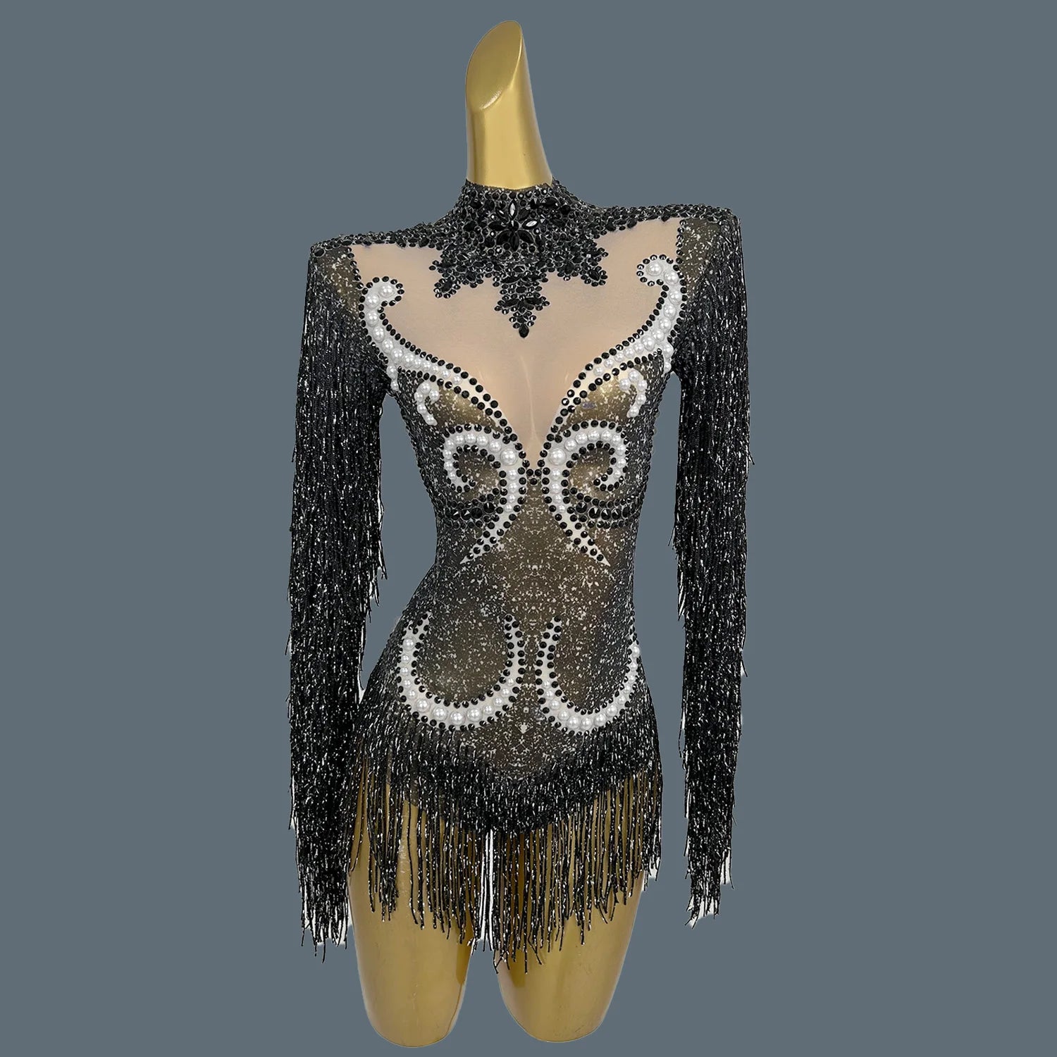 Pearl & Rhinestone Tassel Stage Costume Bodysuit Dance Leotard