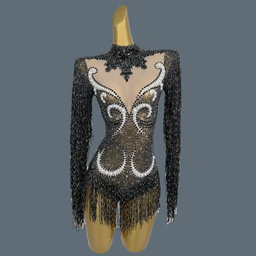 Pearl & Rhinestone Tassel Stage Costume Bodysuit Dance Leotard