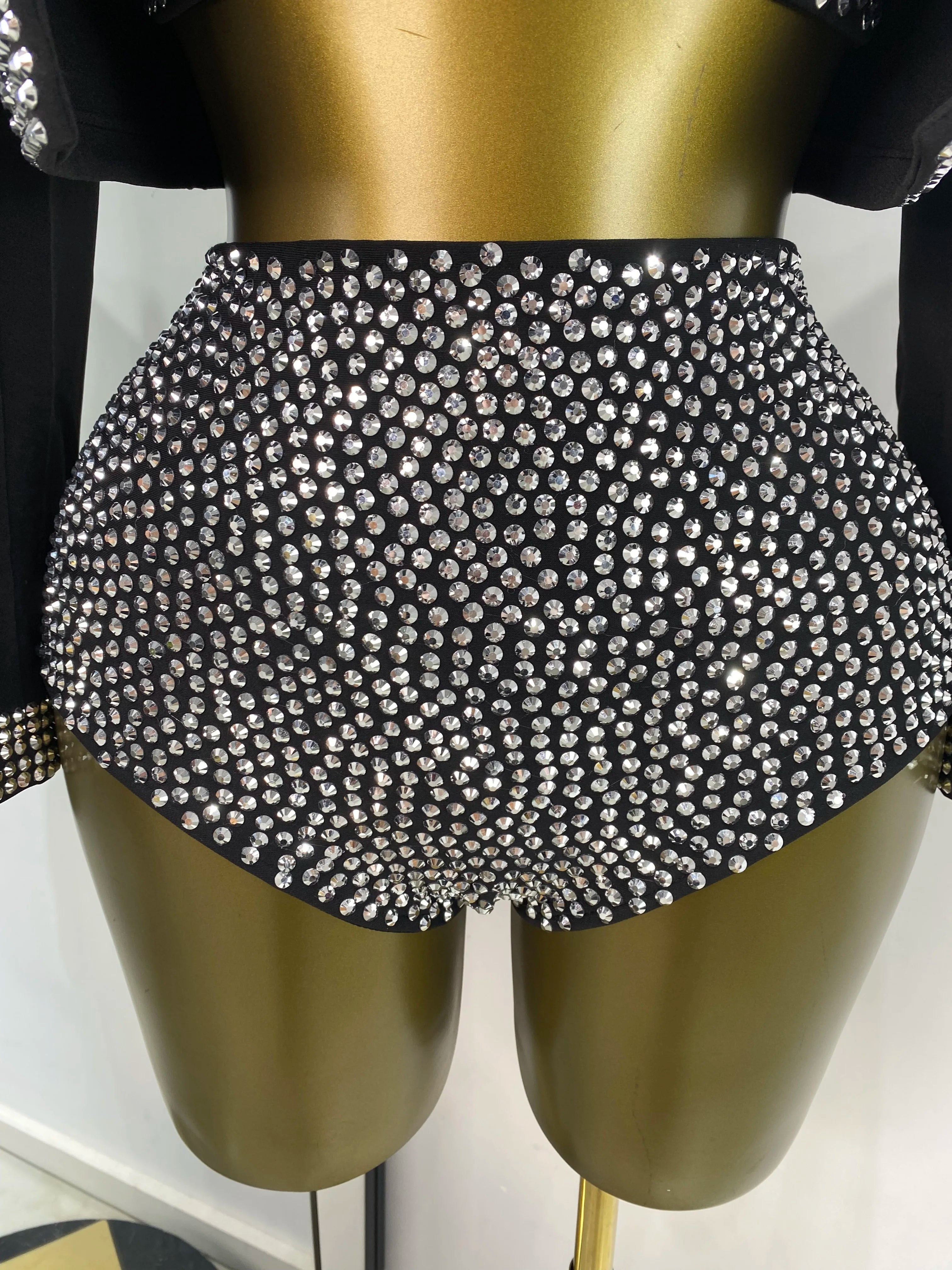 Rhinestone Bustier, High-Waist Mini Shorts & Cropped Jacket 3-Piece Performance Costume Set