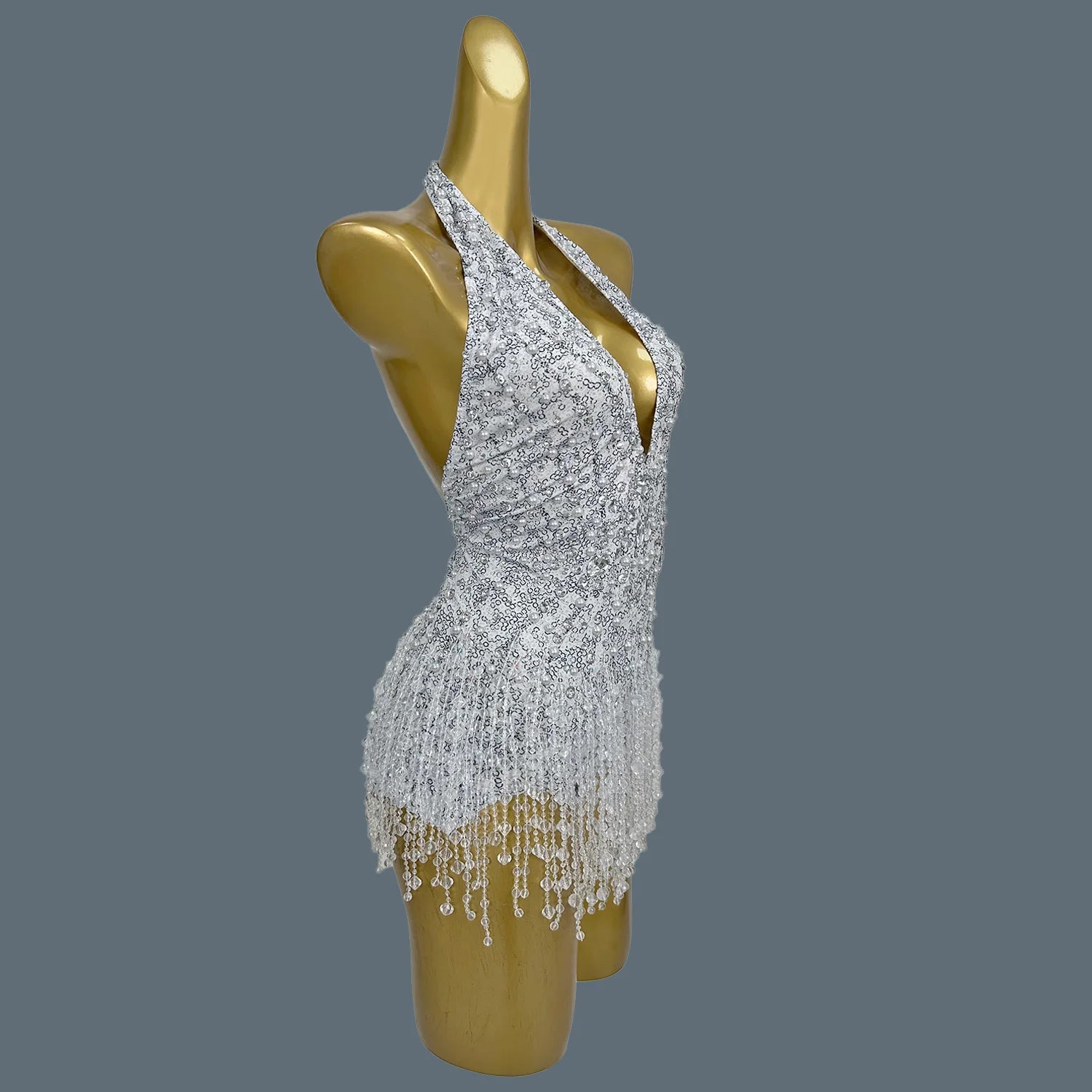 Sparkly Pearl & Crystal Tassel Deep V-Neck Backless White Stage Bodysuit Leotard