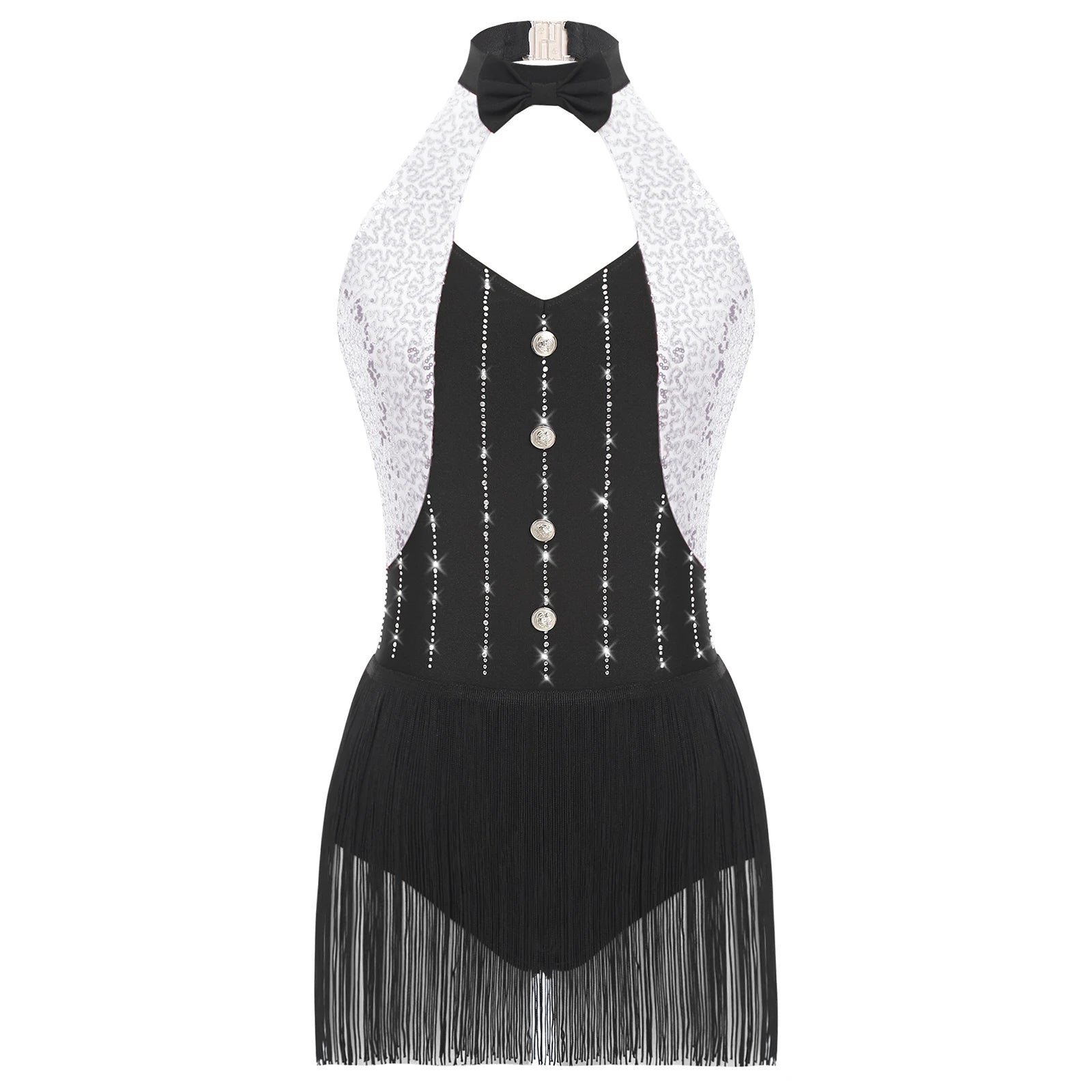 The Stardust Tuxedo Tassel Bodysuit – Luxury Sequins & Rhinestone Showgirl Leotard