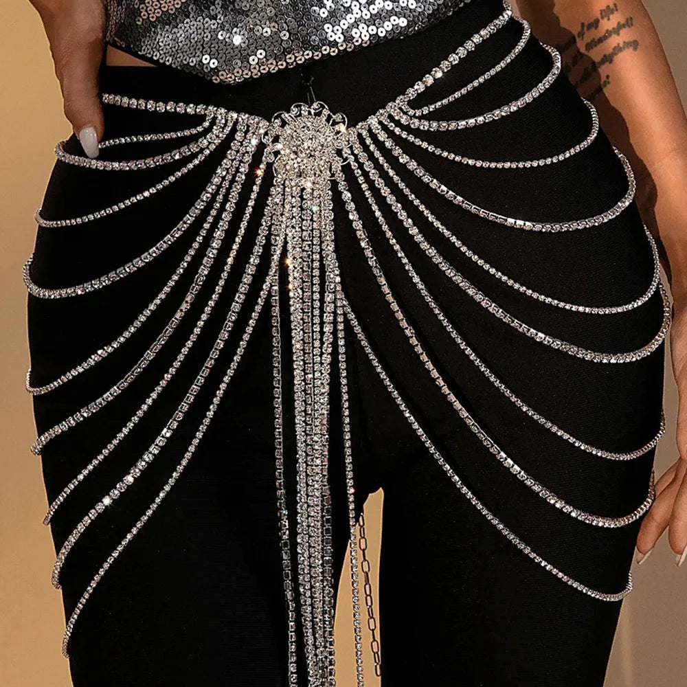 Layered Rhinestone Tassel Waist Chain