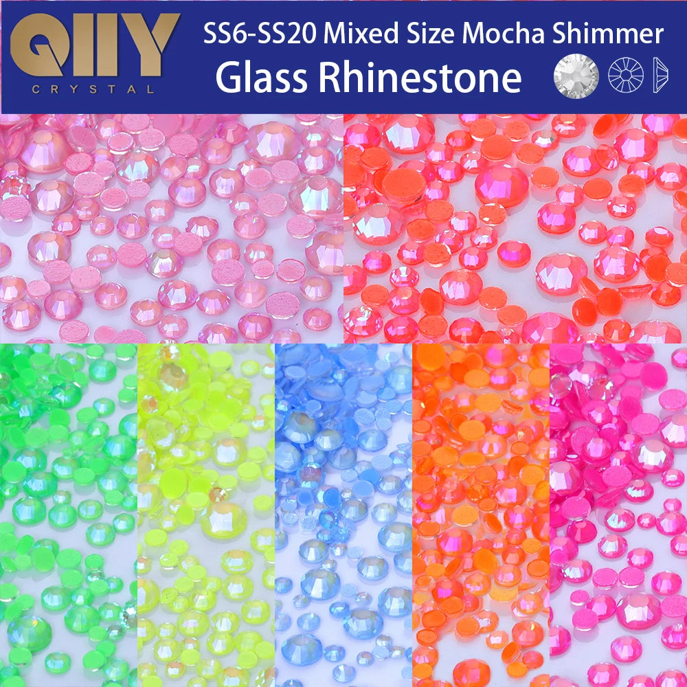 Mixed Size Glass Flatback Rhinestones, 1,440 Pieces | Shimmer Colors SS6–SS20