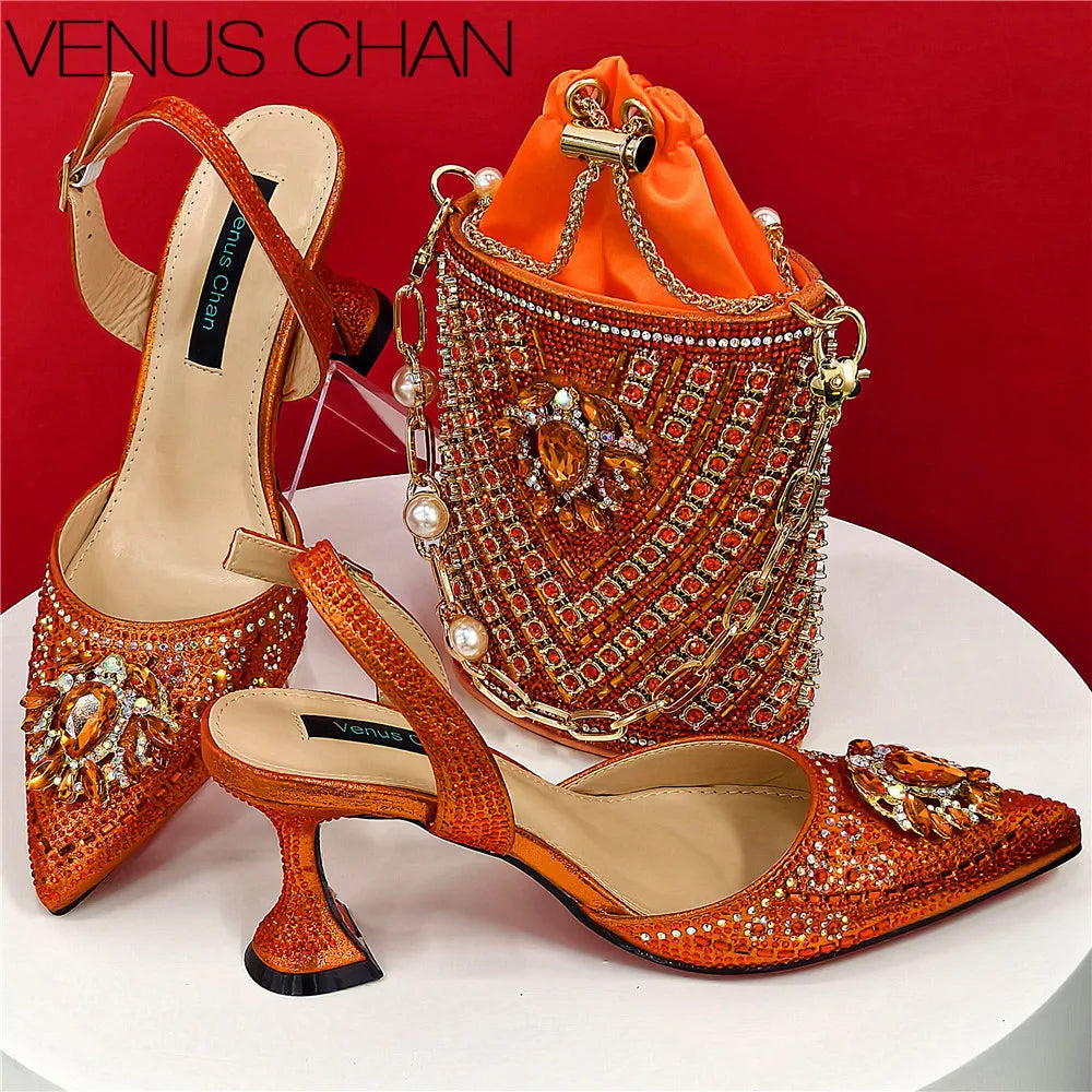 Shoes and Bag Set With Rhinestone Handbag