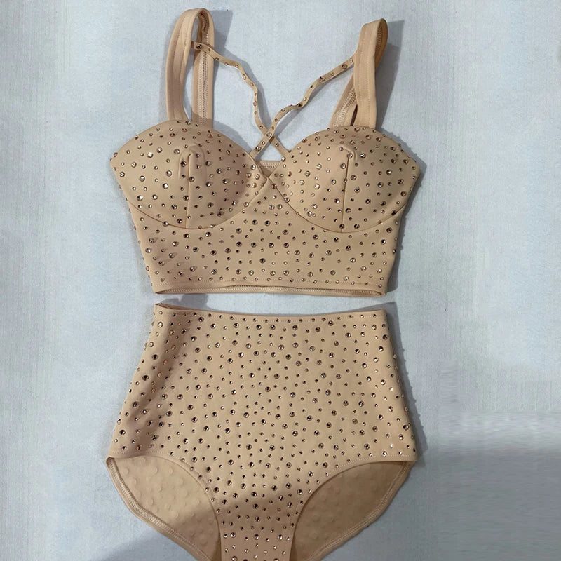 Skin Tone High-Waist Rhinestone Bikini Shorts & Pole Dance Performance Outfit