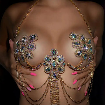Colorful Rhinestone Flower Bra Chain Top