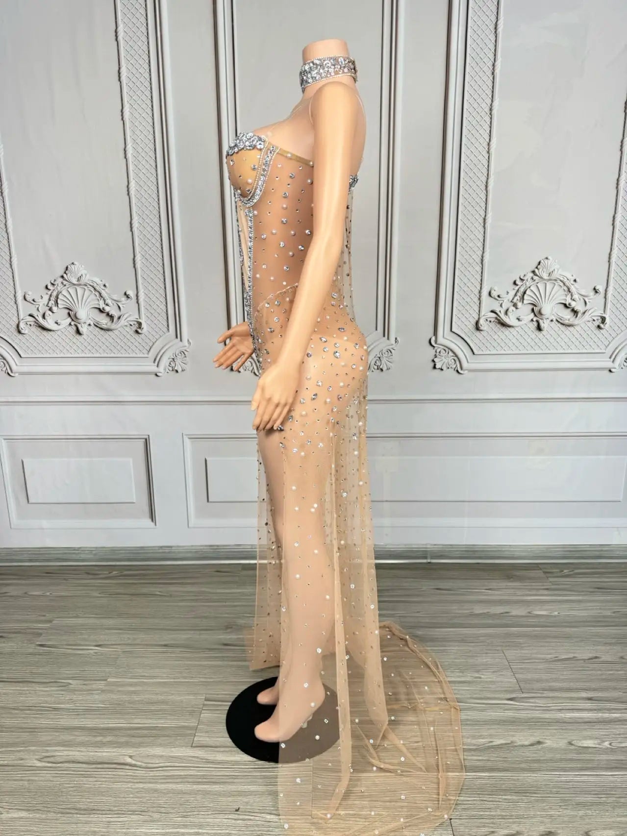 Sparkly Rhinestone & Pearl Mesh Evening Gown with Cloak Sleeves Stage Costume