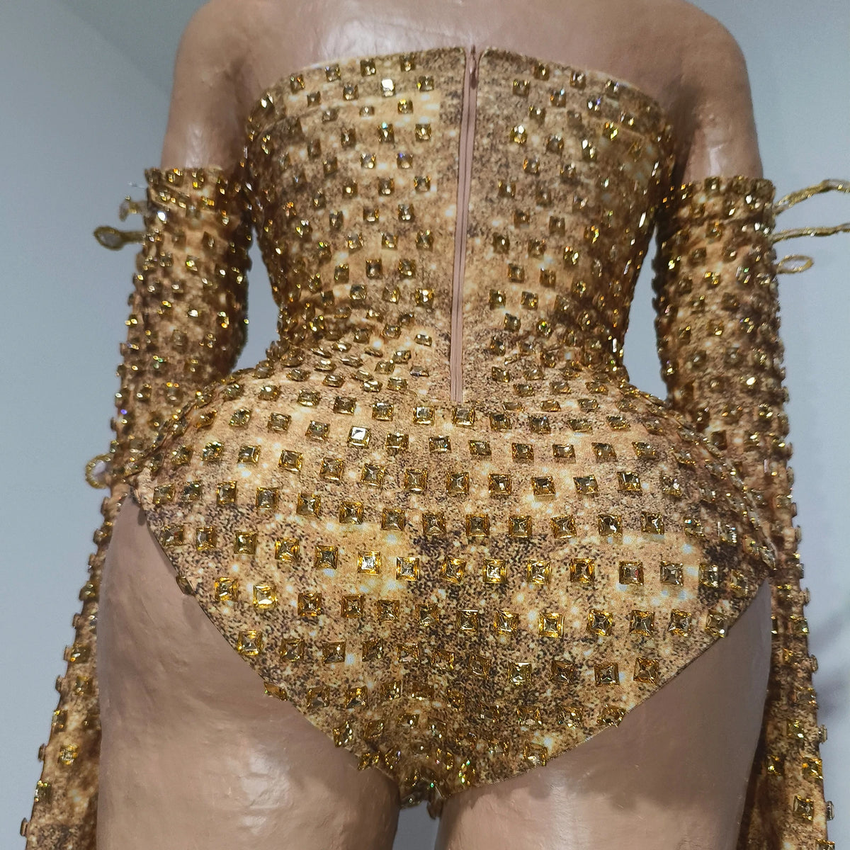 Vintage-Inspired Sparkly Rhinestones Gold Bodysuit Gloves Set