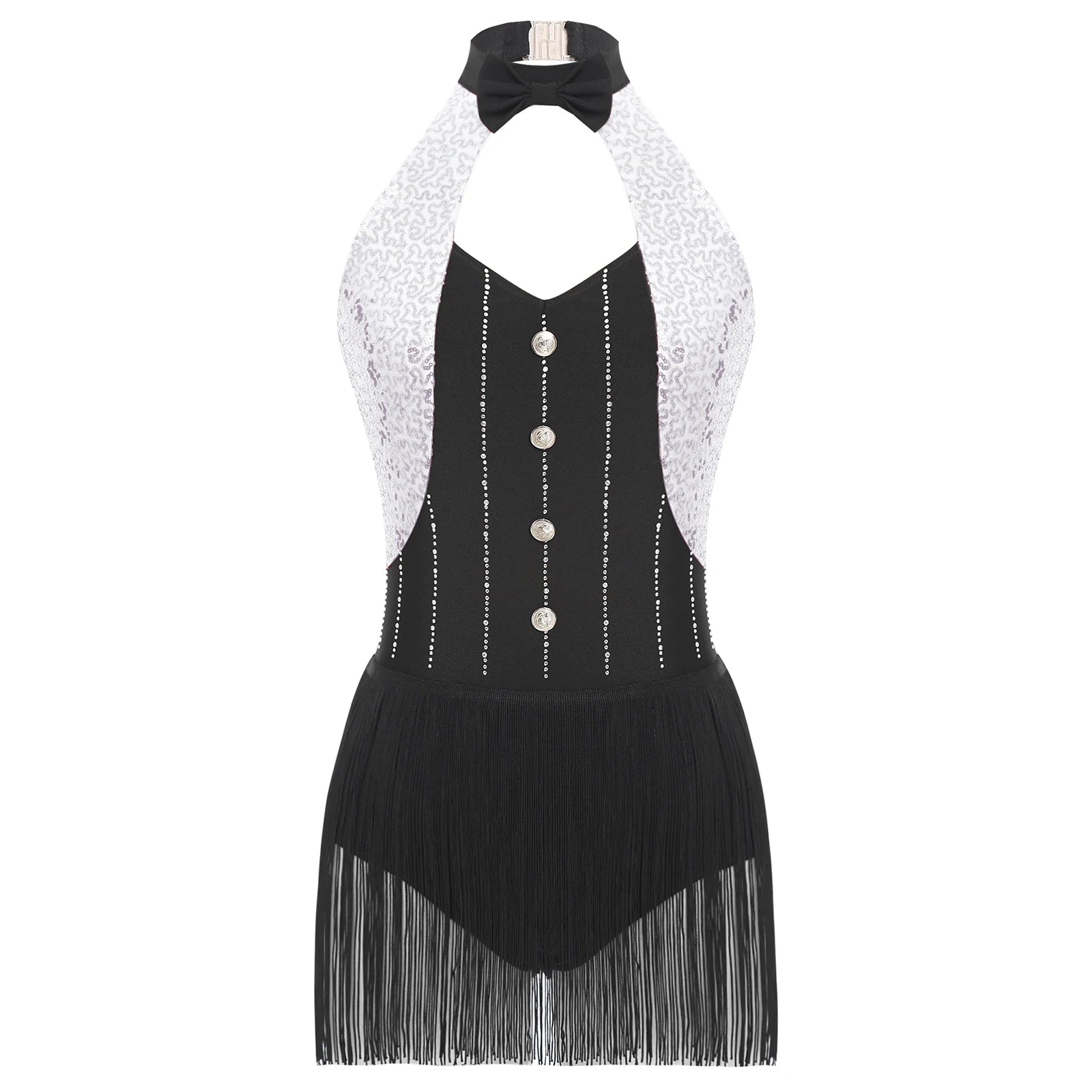 The Stardust Tuxedo Tassel Bodysuit – Luxury Sequins & Rhinestone Showgirl Leotard