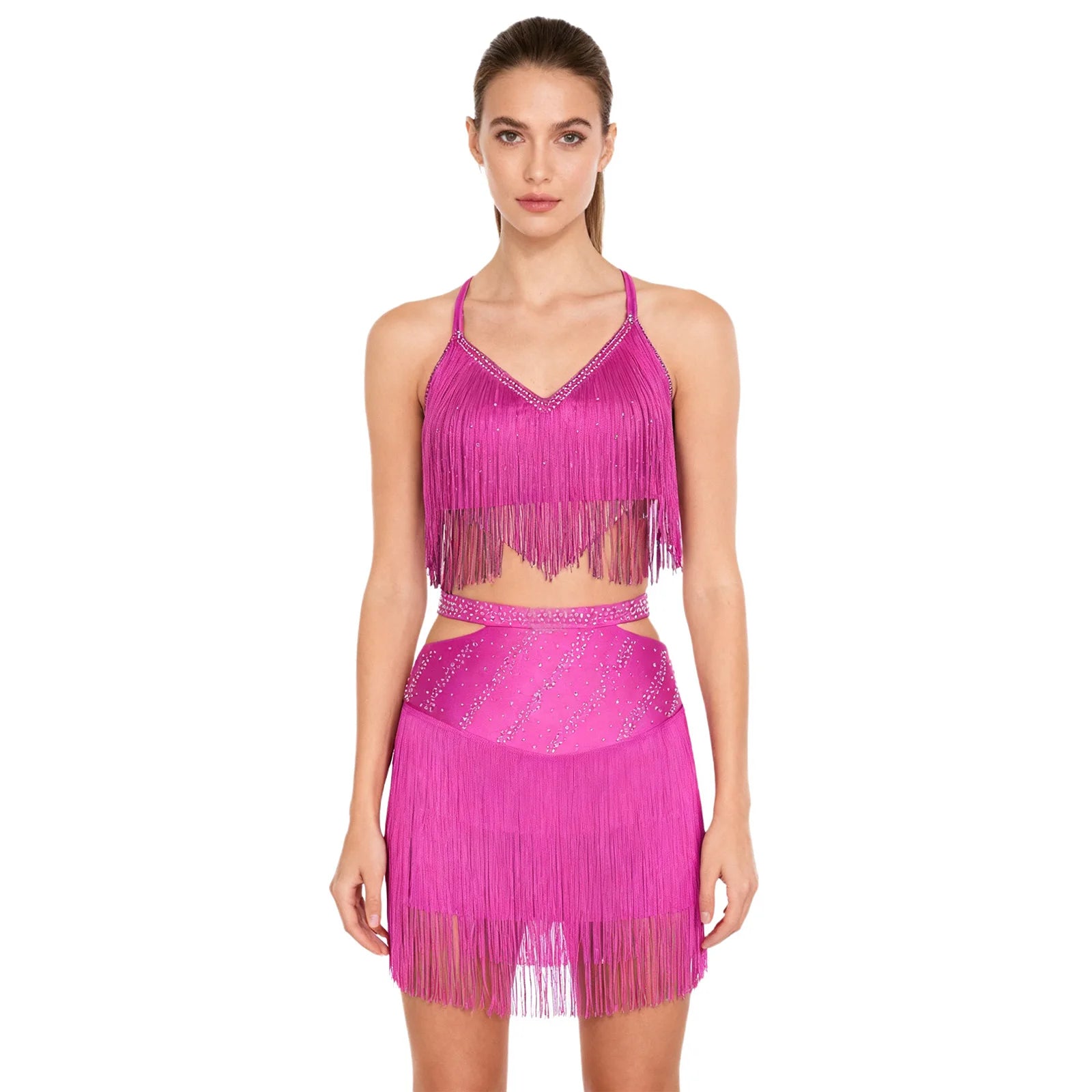 Sparkly Rhinestone & Tassel Fringe Two-Piece Latin Tango Dance Outfit Set