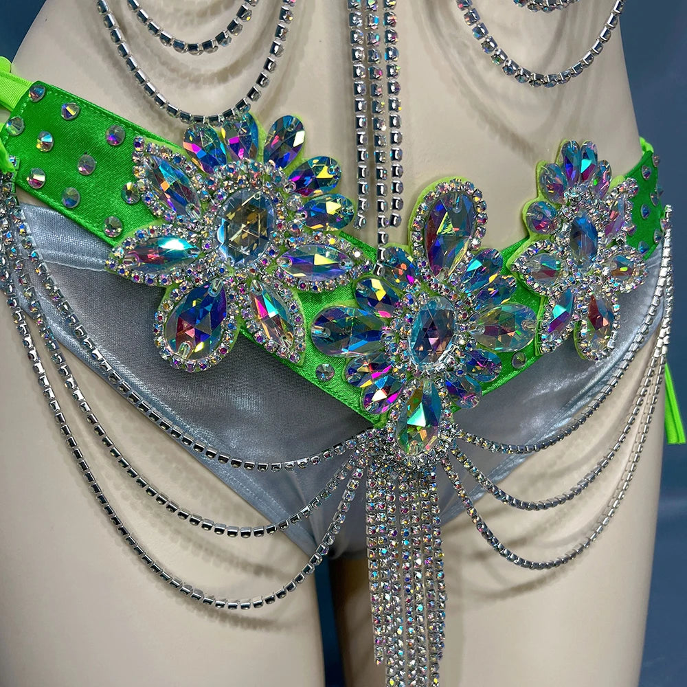 Handmade Samba Carnival Crystal Wire Bra, Panty & Belt 3-Piece Costume Set