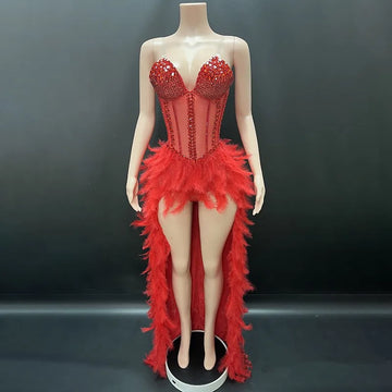 V-Neck Crystal Corset High-Low Feather Gown & Special Occasion Birthday Dress