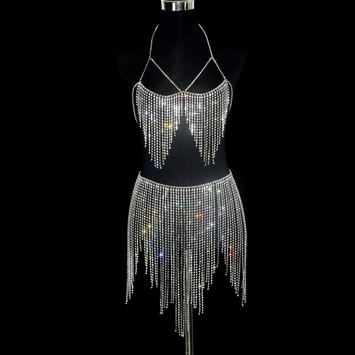 Dazzling Crystal Tassel Body Chain & Skirt Set