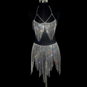 Dazzling Crystal Tassel Body Chain & Skirt Set